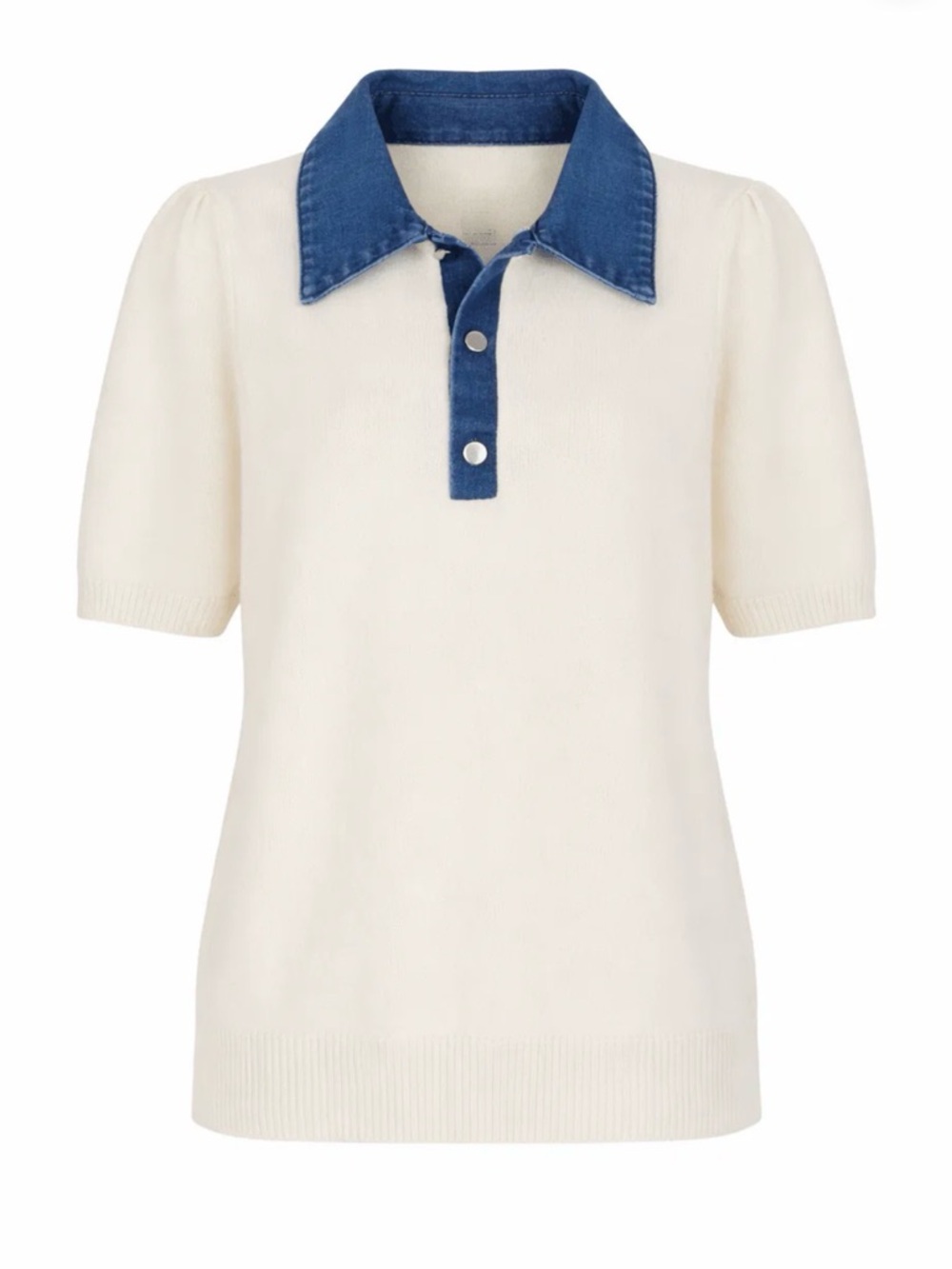 🆕 Ivory Short Sleeve Polo Knit Top with Blue Denim Collar